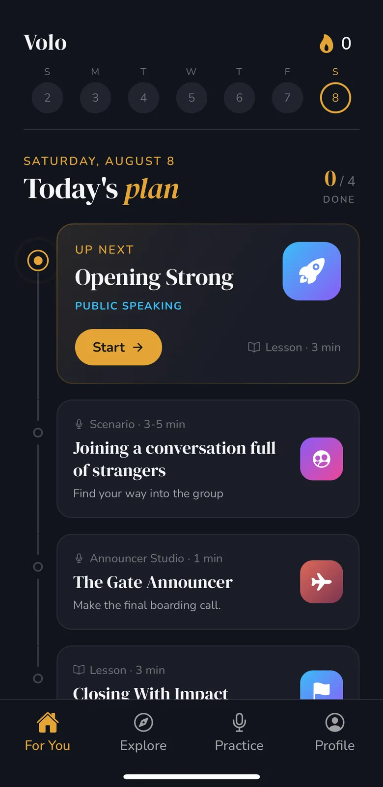 Volo daily plan tuned to public speaking and work goals