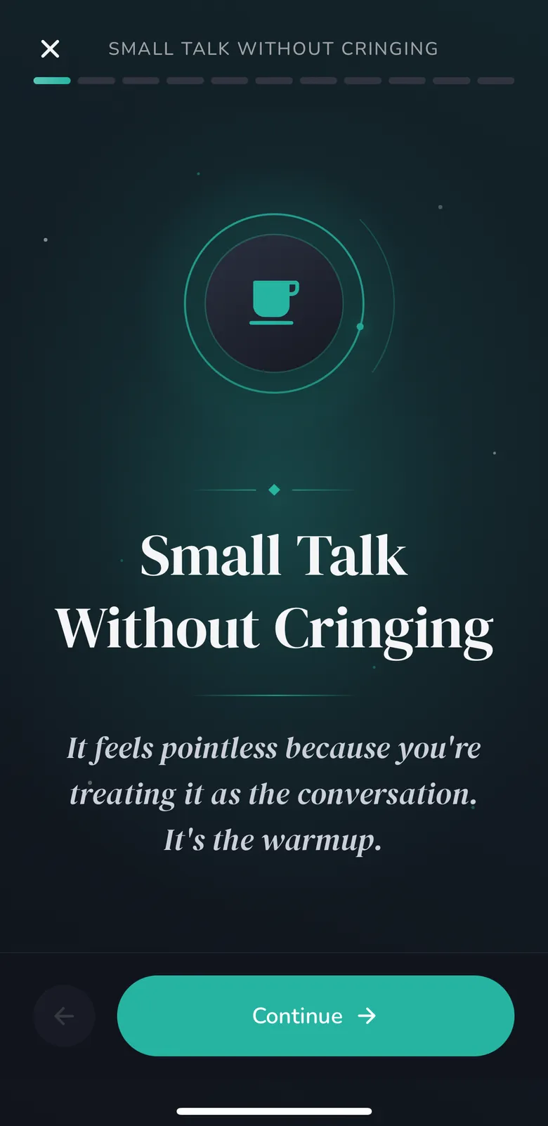 A Volo conversation lesson with a chat example and tap-to-reveal coaching