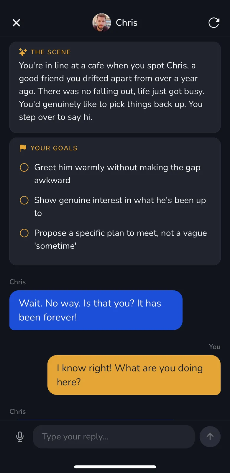 A Volo AI roleplay: reconnecting with an old friend in a cafe, with goals and a live chat
