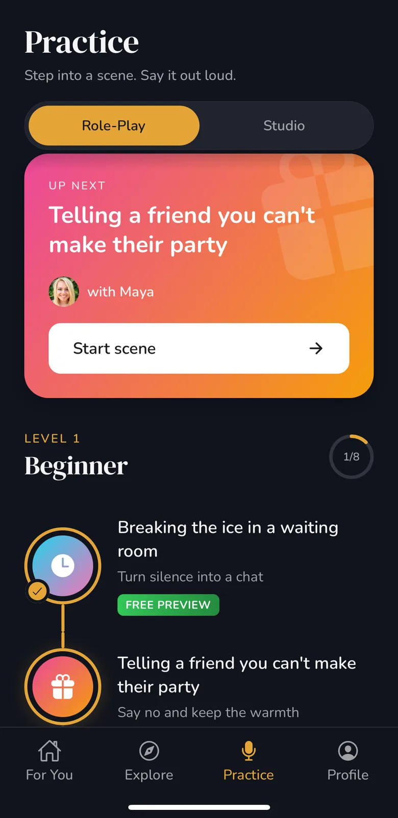 Volo practice scenarios list including introducing yourself at a party and reconnecting with an old friend